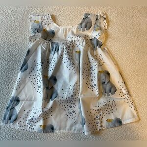 Baby Elephant w Crown Print Toddler Dress. White Gray w Yellow Stars. 3T